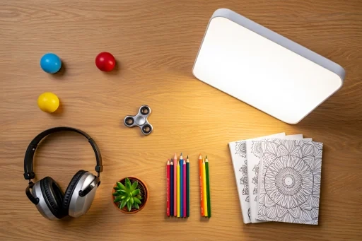 デスクに置かれた様々なストレス解消グッズ - 癒やしアイテムのイメージ