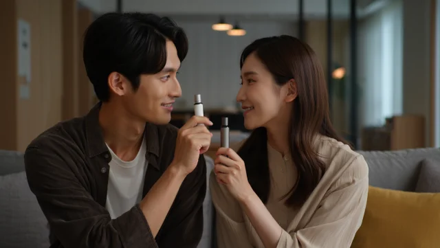 ソファでリラックスしながら電子タバコを楽しむ夫婦のイメージ
